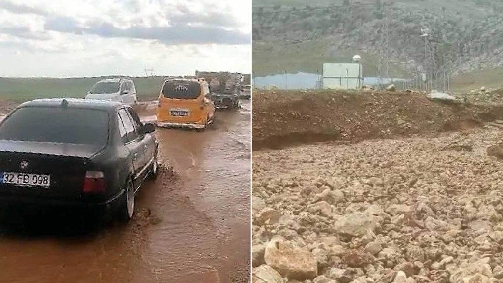 Silvan’da 20 dakikalık yağış: Su basan yola kaya parçaları düştü